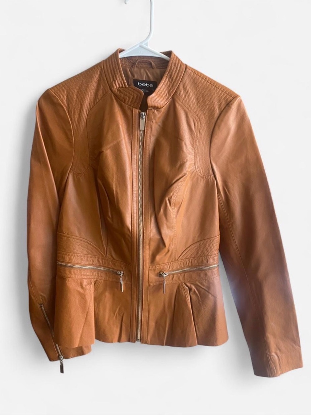 Bebe Genuine Leather Caramel Brown Peplum Moto Jacket Quilted Zip Up Sz Small